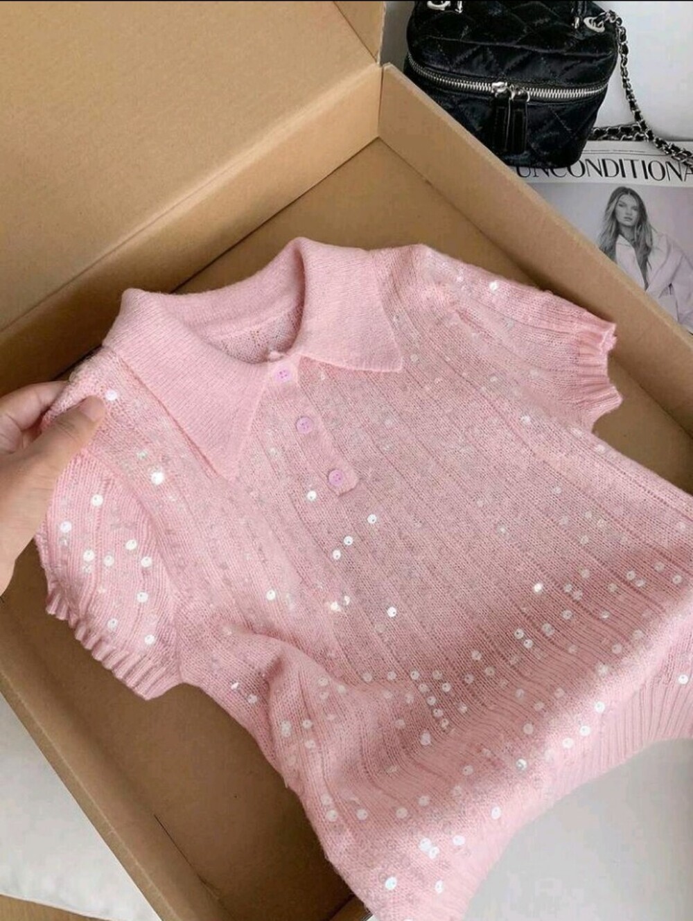 Women's Solid Color Sequin Polo Collar Short Sleeve Fashionable Knit Top